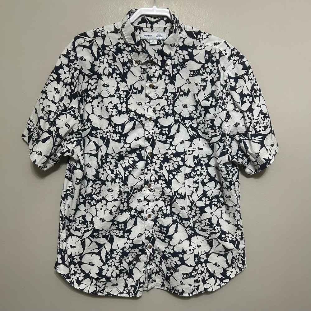 Old Navy Mens Shirt XXL Blue White Floral Slim Fit Short Sleeve Button Down Top